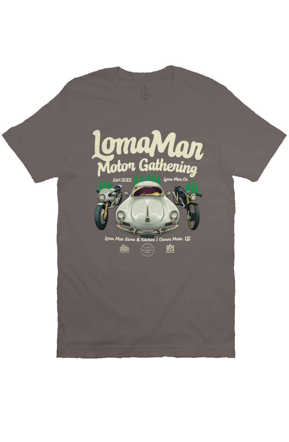 Short sleeve t-shirt with "Loma Mar Motor Gathering" poster art on chest