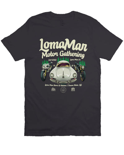 Short sleeve t-shirt with "Loma Mar Motor Gathering" poster art on chest