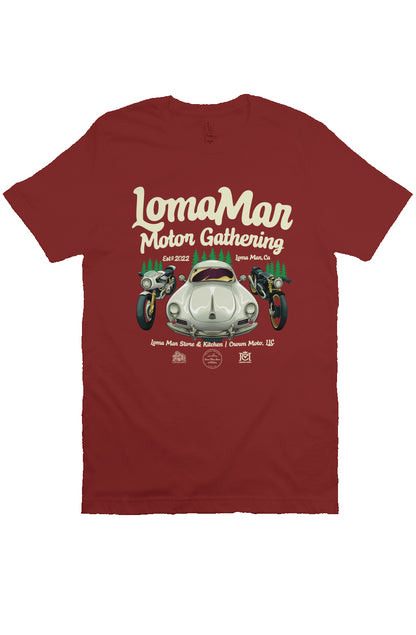 Short sleeve t-shirt with "Loma Mar Motor Gathering" poster art on chest