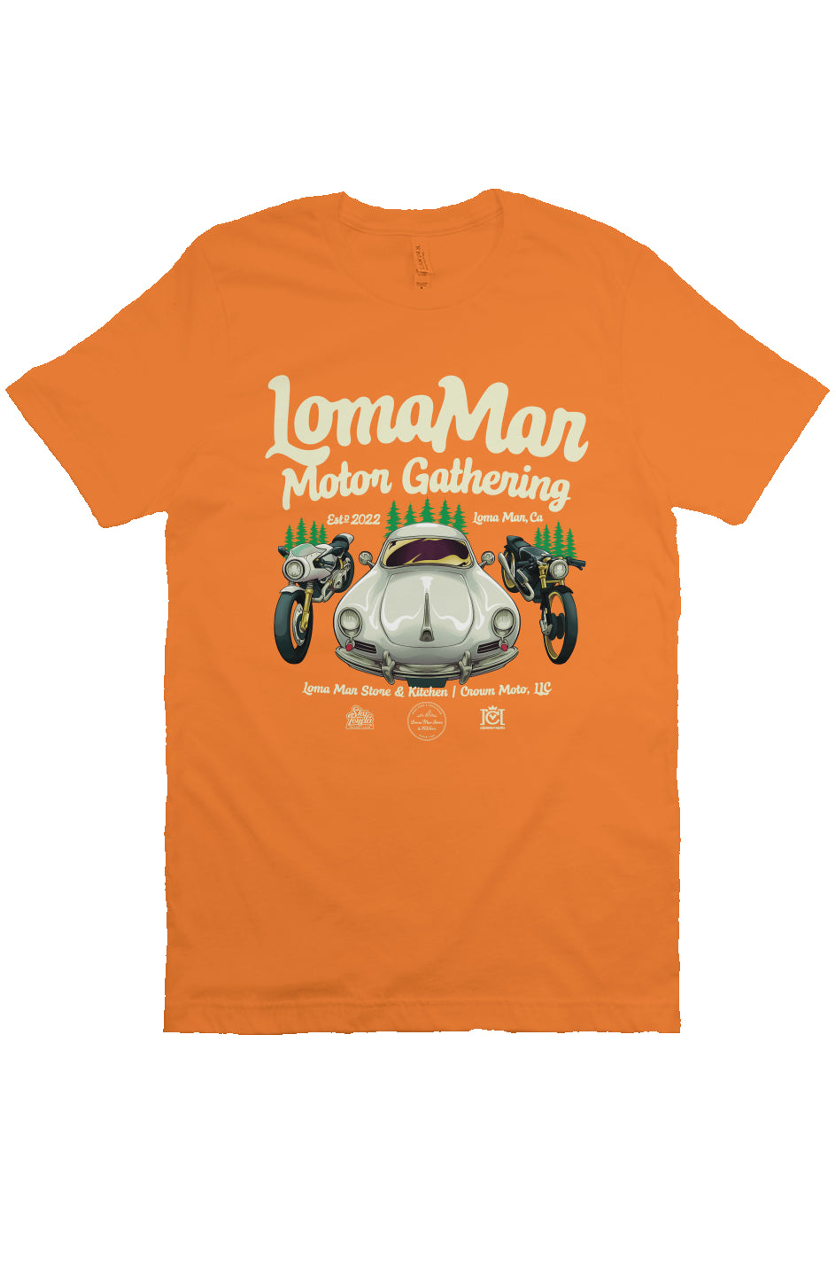 Short sleeve t-shirt with "Loma Mar Motor Gathering" poster art on chest