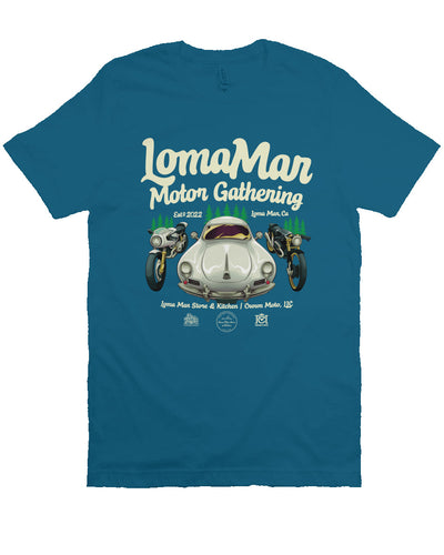 Short sleeve t-shirt with "Loma Mar Motor Gathering" poster art on chest