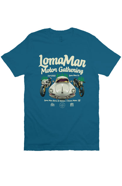 Short sleeve t-shirt with "Loma Mar Motor Gathering" poster art on chest