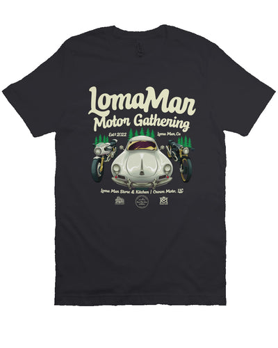 Short sleeve t-shirt with "Loma Mar Motor Gathering" poster art on chest