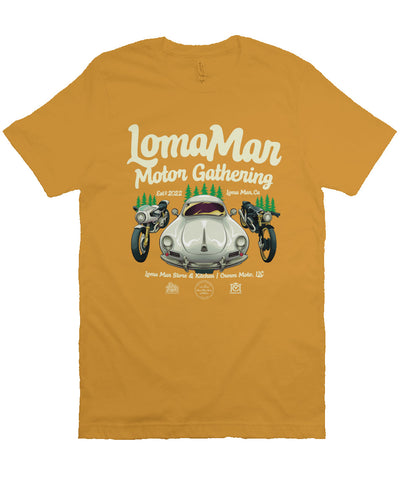 Short sleeve t-shirt with "Loma Mar Motor Gathering" poster art on chest
