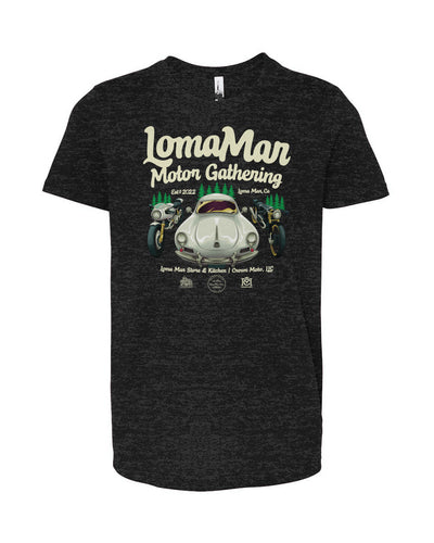 Original poster "Loma Mar Motor Gathering" art on chest of short sleeve Youth Jersey T-shirt