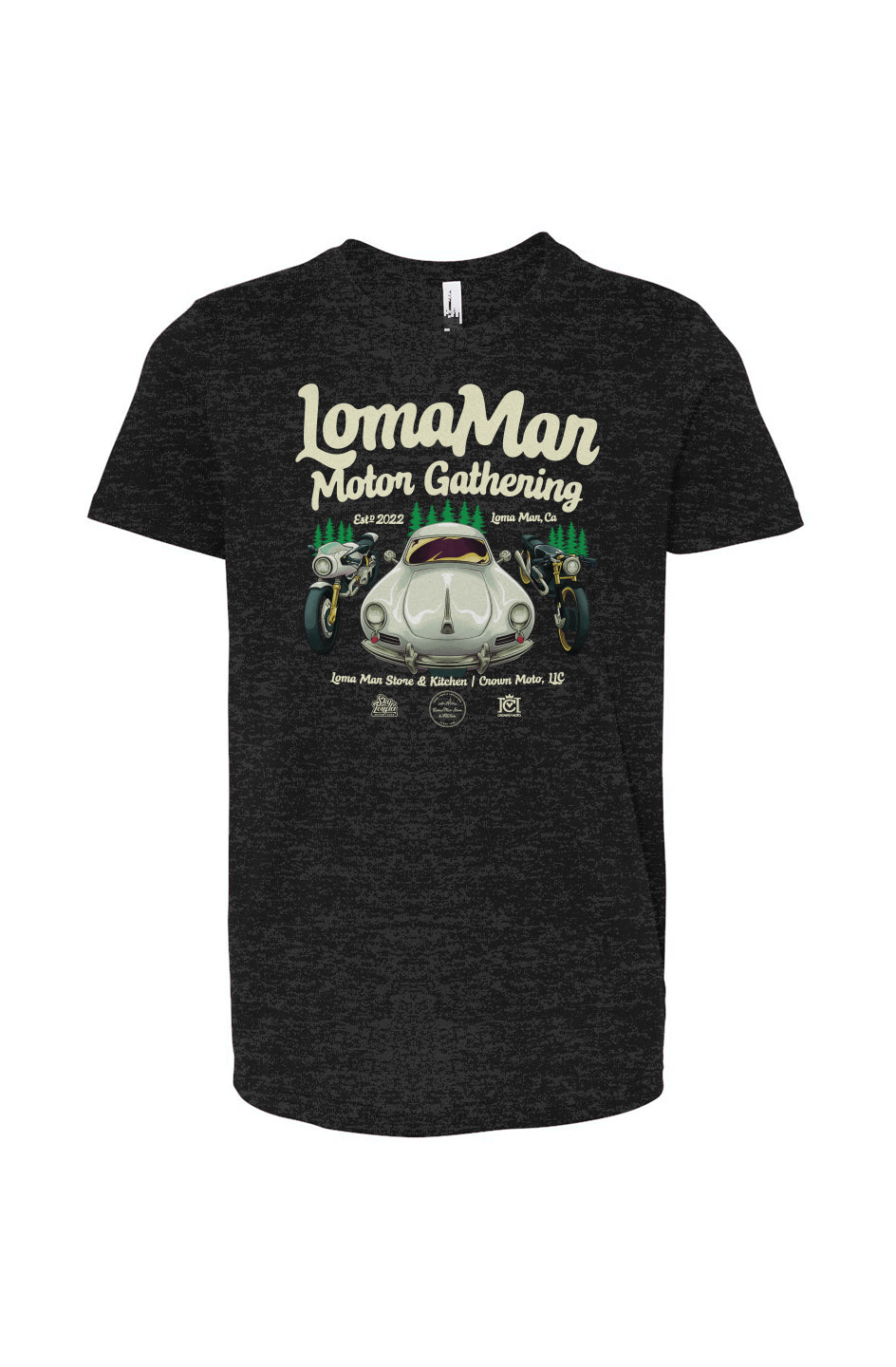 Original poster "Loma Mar Motor Gathering" art on chest of short sleeve Youth Jersey T-shirt