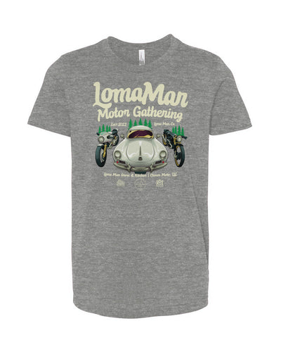 Original poster "Loma Mar Motor Gathering" art on chest of short sleeve Youth Jersey T-shirt