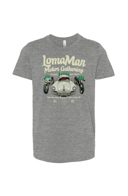 Original poster "Loma Mar Motor Gathering" art on chest of short sleeve Youth Jersey T-shirt