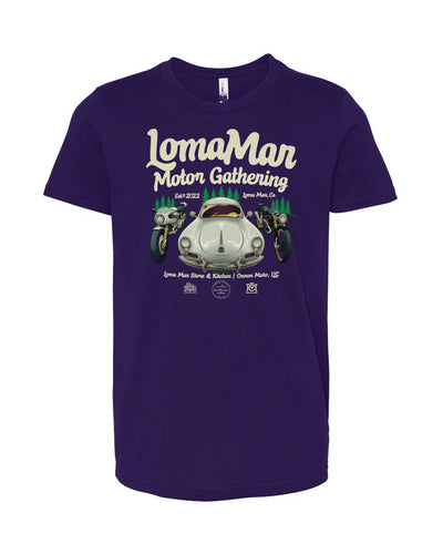 Original poster "Loma Mar Motor Gathering" art on chest of short sleeve Youth Jersey T-shirt