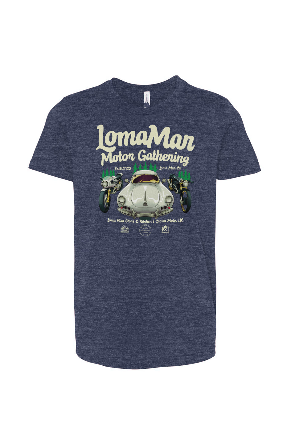 Original poster "Loma Mar Motor Gathering" art on chest of short sleeve Youth Jersey T-shirt