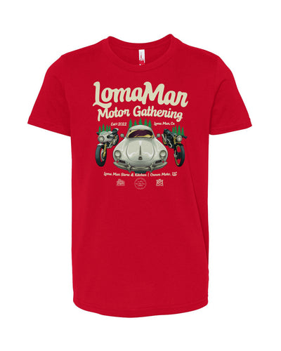 Original poster "Loma Mar Motor Gathering" art on chest of short sleeve Youth Jersey T-shirt