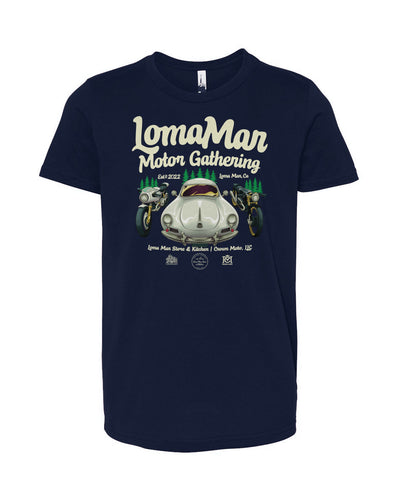 Original poster "Loma Mar Motor Gathering" art on chest of short sleeve Youth Jersey T-shirt