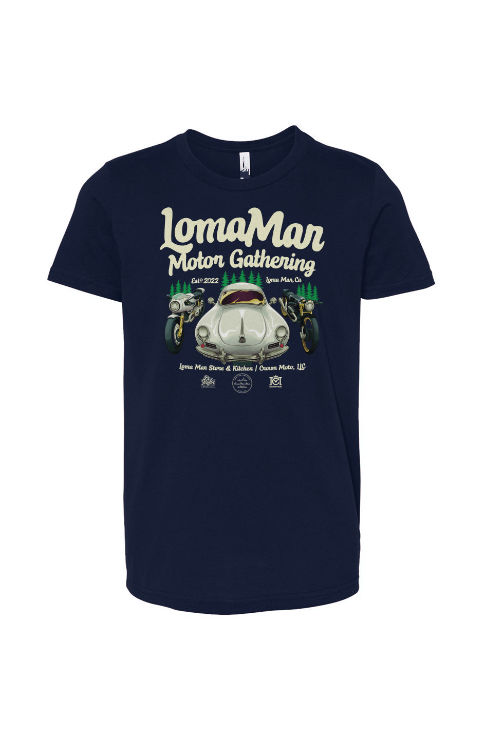 Original poster "Loma Mar Motor Gathering" art on chest of short sleeve Youth Jersey T-shirt