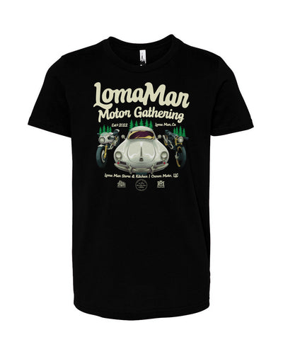 Original poster "Loma Mar Motor Gathering" art on chest of short sleeve Youth Jersey T-shirt