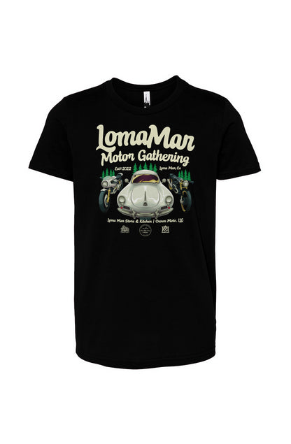 Original poster "Loma Mar Motor Gathering" art on chest of short sleeve Youth Jersey T-shirt