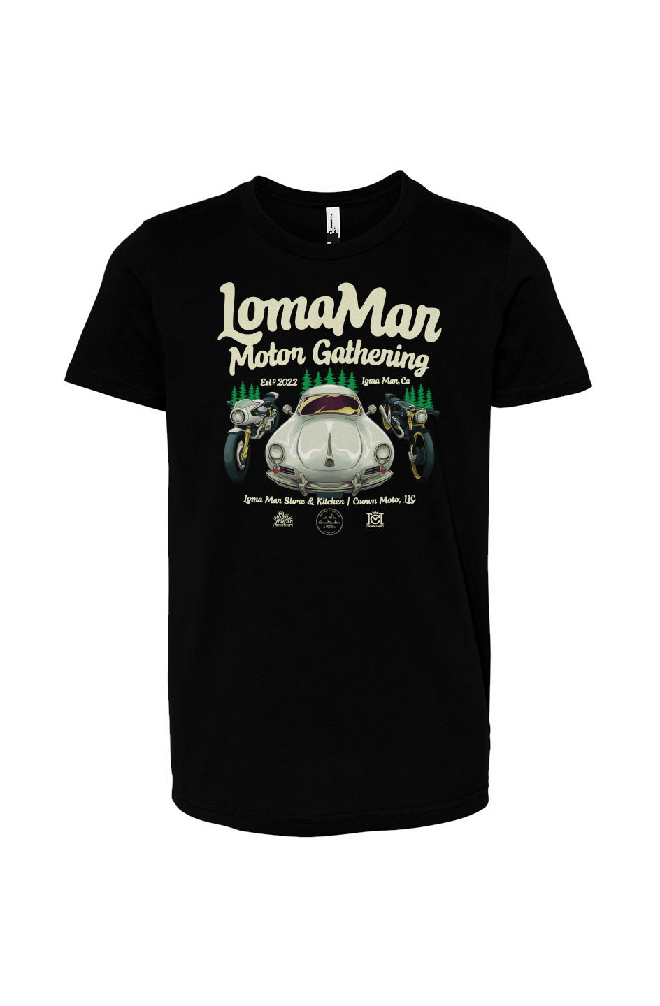 Original poster "Loma Mar Motor Gathering" art on chest of short sleeve Youth Jersey T-shirt