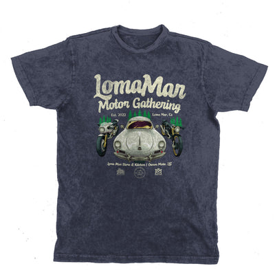 Original poster "Loma Mar Motor Gathering" art on chest of short sleeve unisex vintage t-shirt