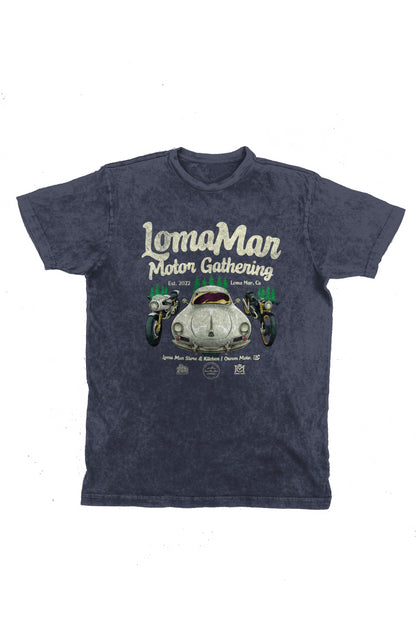 Original poster "Loma Mar Motor Gathering" art on chest of short sleeve unisex vintage t-shirt