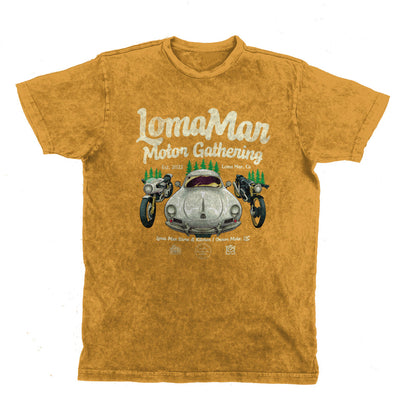 Original poster "Loma Mar Motor Gathering" art on chest of short sleeve unisex vintage t-shirt