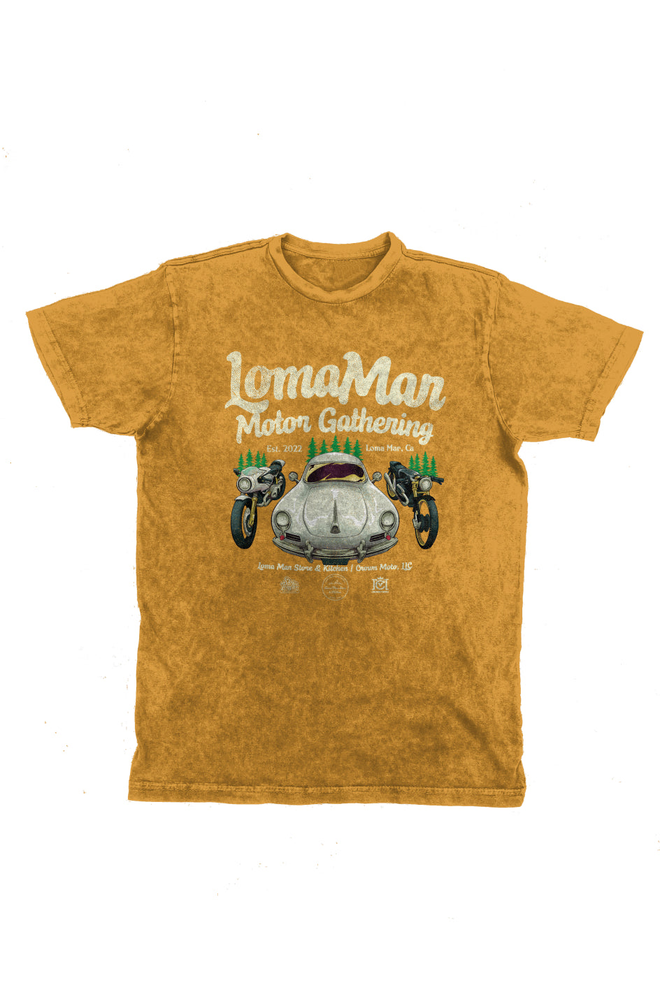 Original poster "Loma Mar Motor Gathering" art on chest of short sleeve unisex vintage t-shirt