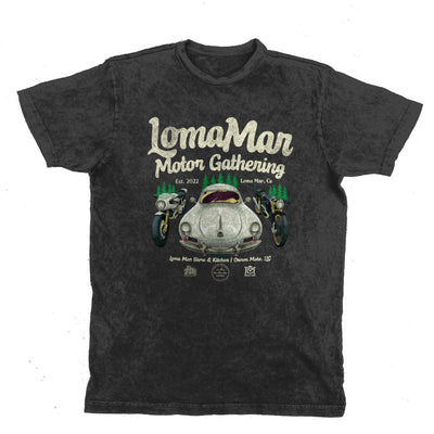 Original poster "Loma Mar Motor Gathering" art on chest of short sleeve unisex vintage t-shirt