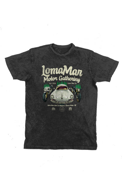 Original poster "Loma Mar Motor Gathering" art on chest of short sleeve unisex vintage t-shirt