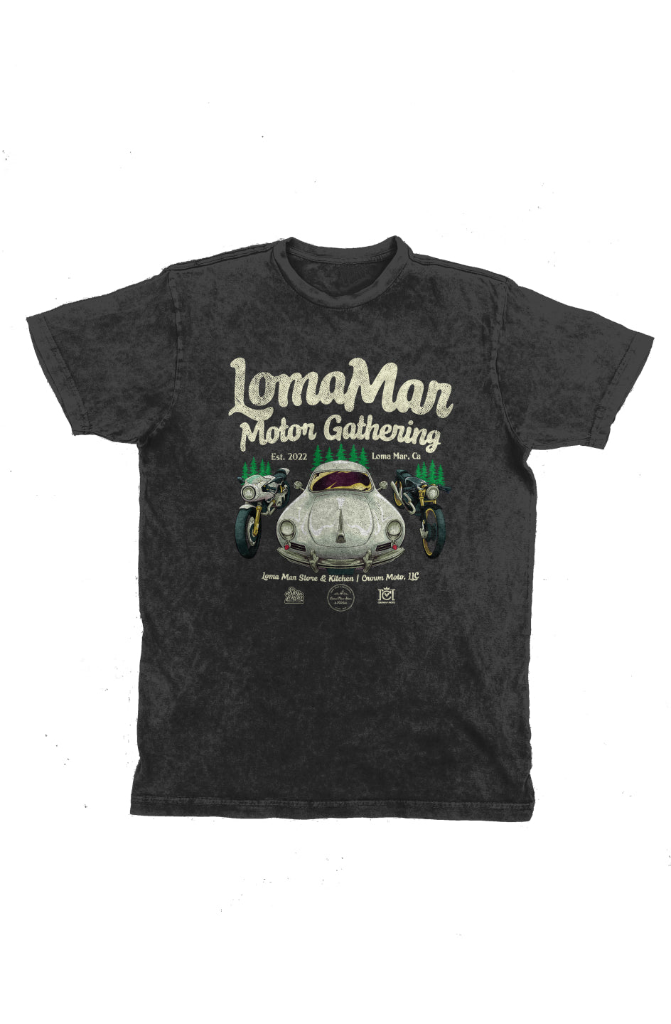 Original poster "Loma Mar Motor Gathering" art on chest of short sleeve unisex vintage t-shirt