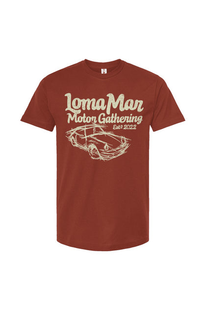 Porsche "Loma Mar Motor Gathering" art on chest of short sleeve unisex t-shirt