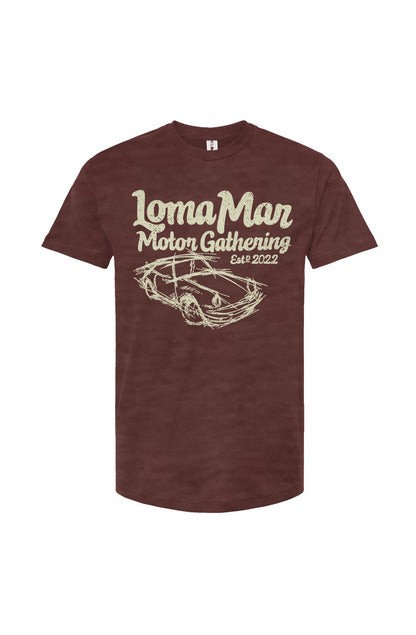 Porsche "Loma Mar Motor Gathering" art on chest of short sleeve unisex t-shirt