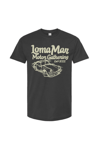 Porsche "Loma Mar Motor Gathering" art on chest of short sleeve unisex t-shirt