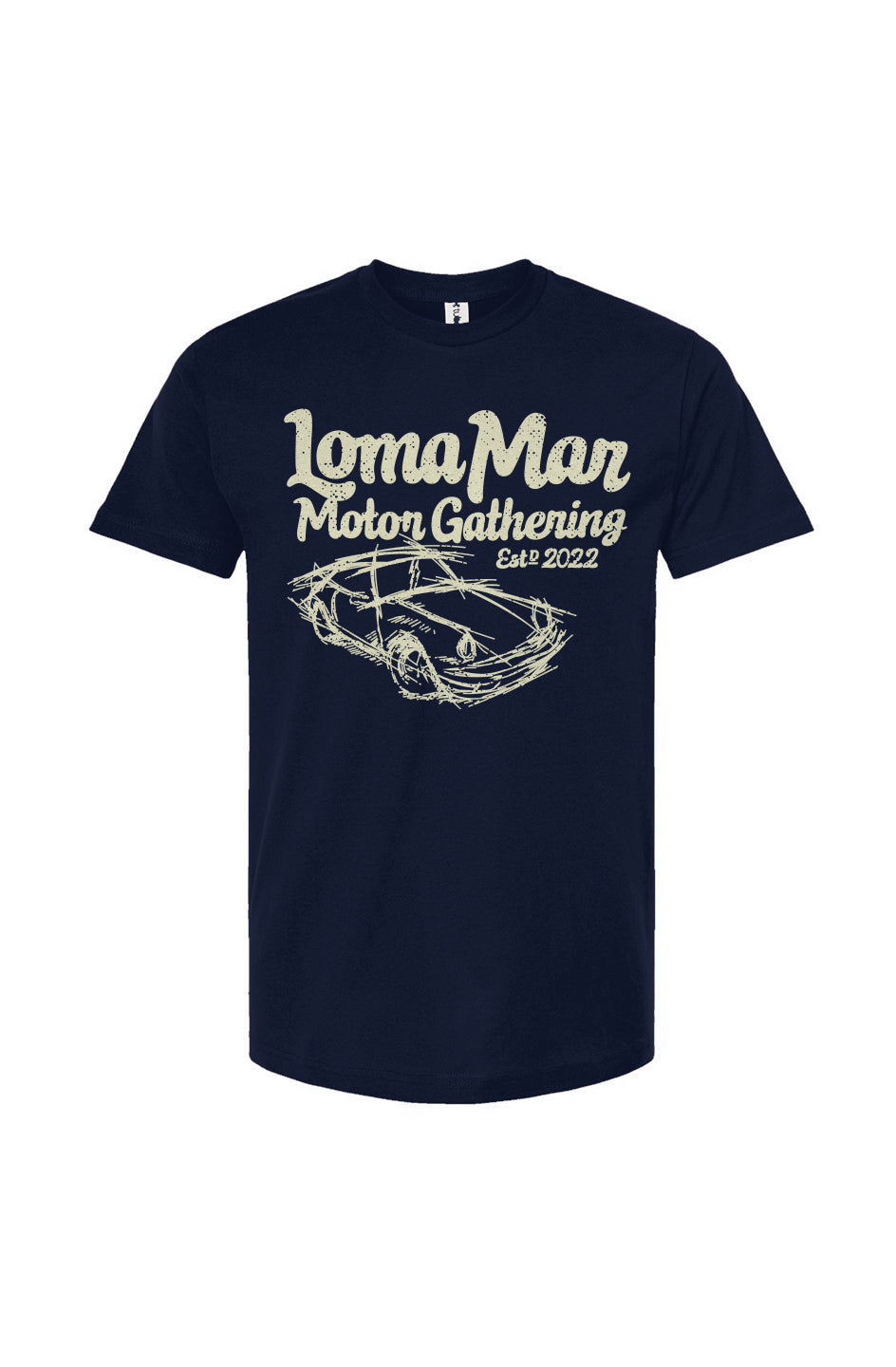 Porsche "Loma Mar Motor Gathering" art on chest of short sleeve unisex t-shirt