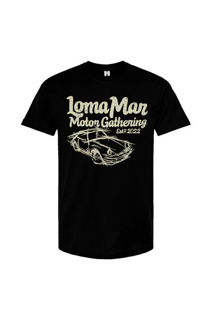 Porsche "Loma Mar Motor Gathering" art on chest of short sleeve unisex t-shirt