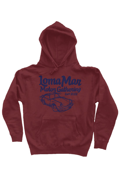 Porsche "Loma Mar Motor Gathering" art on chest of maroon pullover hooded sweatshirt