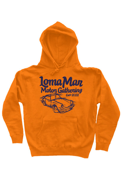 Porsche "Loma Mar Motor Gathering" art on chest of orange pullover hooded sweatshirt