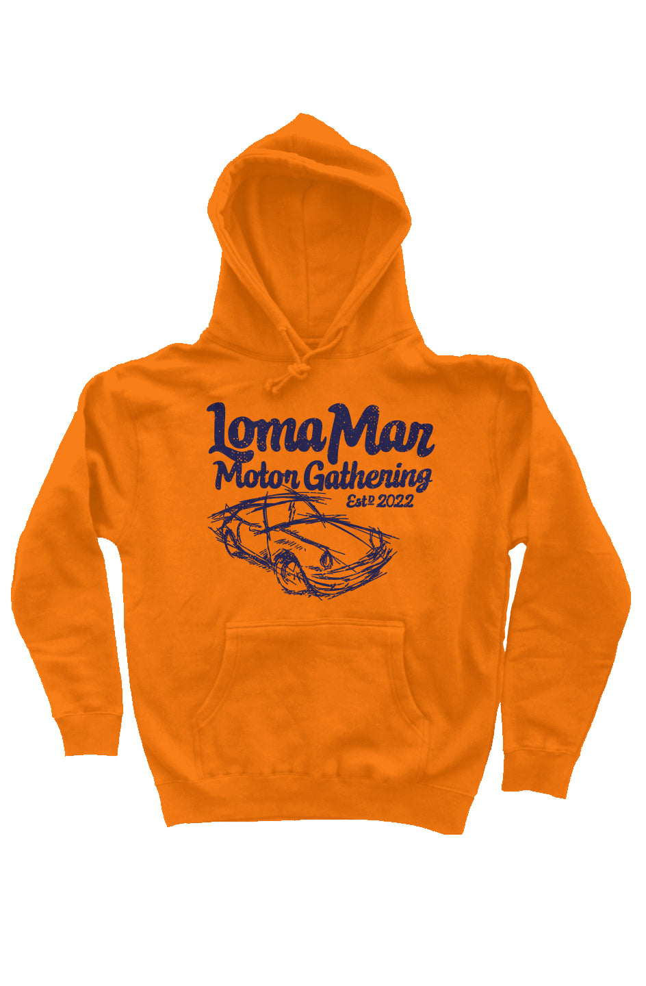 Porsche "Loma Mar Motor Gathering" art on chest of orange pullover hooded sweatshirt