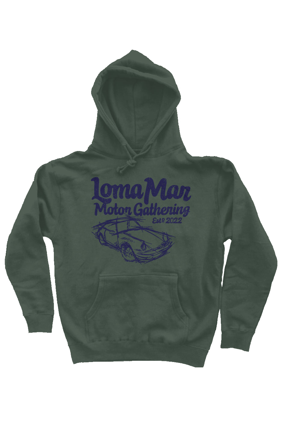 Porsche "Loma Mar Motor Gathering" art on chest of pullover hooded sweatshirt