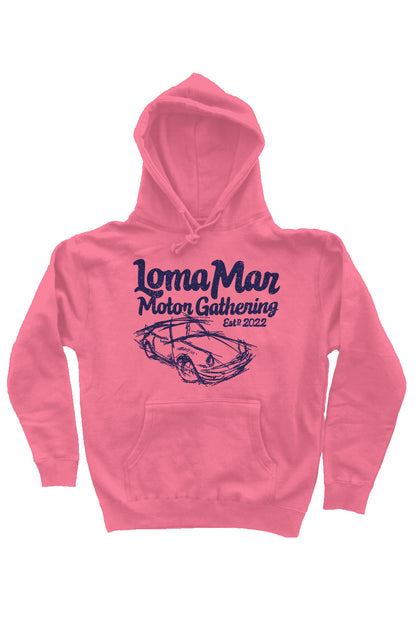 Porsche "Loma Mar Motor Gathering" art on chest of pink pullover hooded sweatshirt