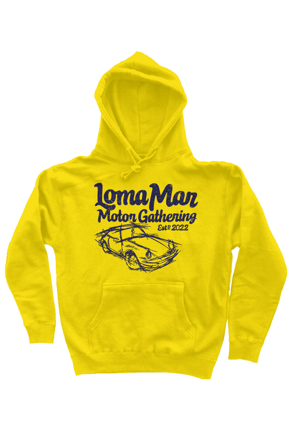 Porsche "Loma Mar Motor Gathering" art on chest of pullover hooded sweatshirt