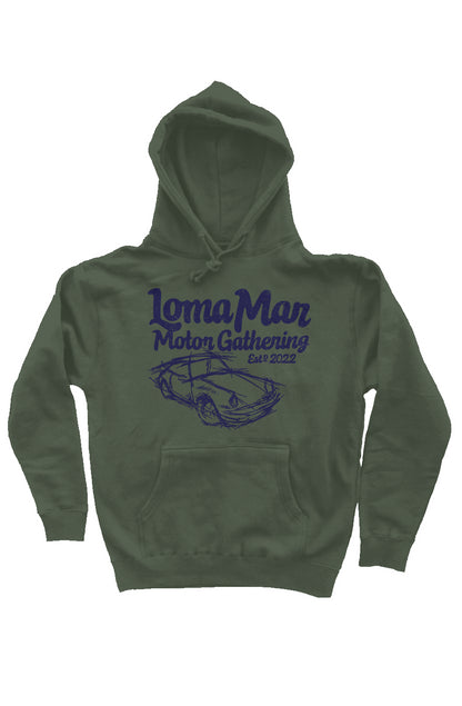 Porsche "Loma Mar Motor Gathering" art on chest of pullover hooded sweatshirt