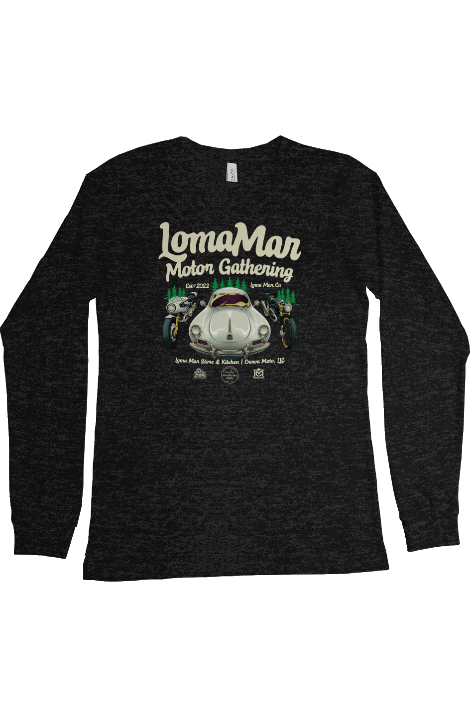 Original poster "Loma Mar Motor Gathering" art on chest of Long Sleeve T-Shirt