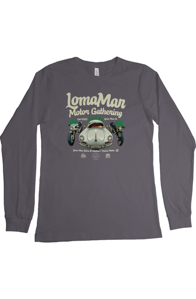 Original poster "Loma Mar Motor Gathering" art on chest of Long Sleeve T-Shirt