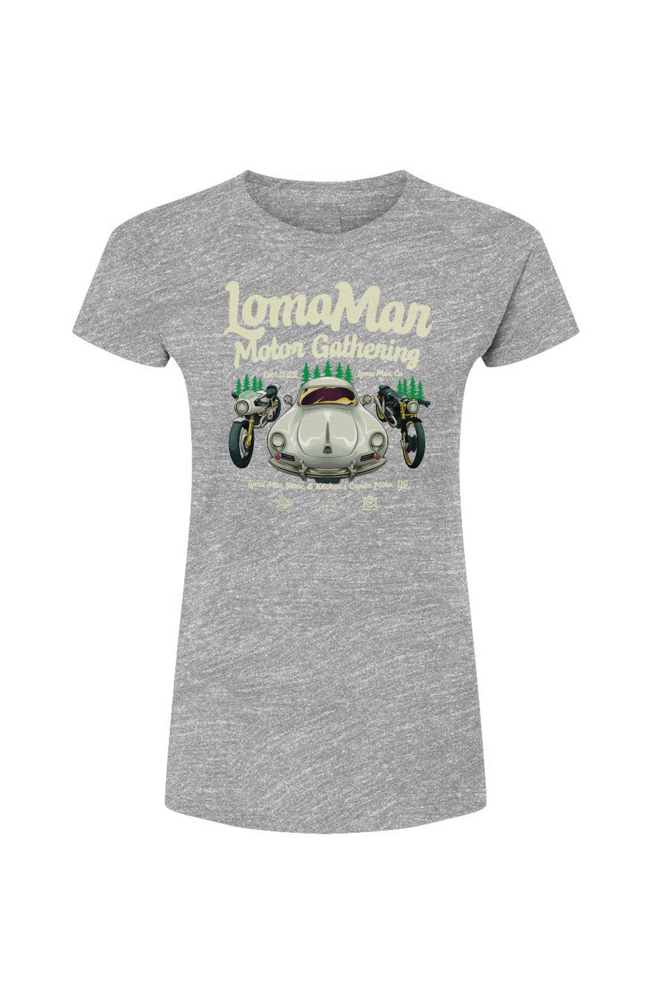 Original "Loma Mar Motor Gathering" poster art on chest of Tultex Womens Fine Jersey T-Shirt