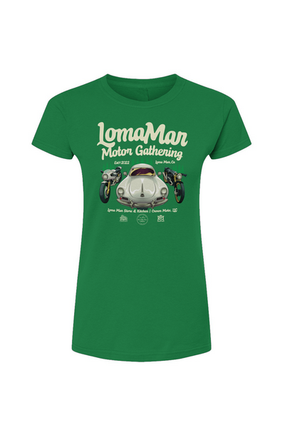 Original "Loma Mar Motor Gathering" poster art on chest of Tultex Womens Fine Jersey T-Shirt