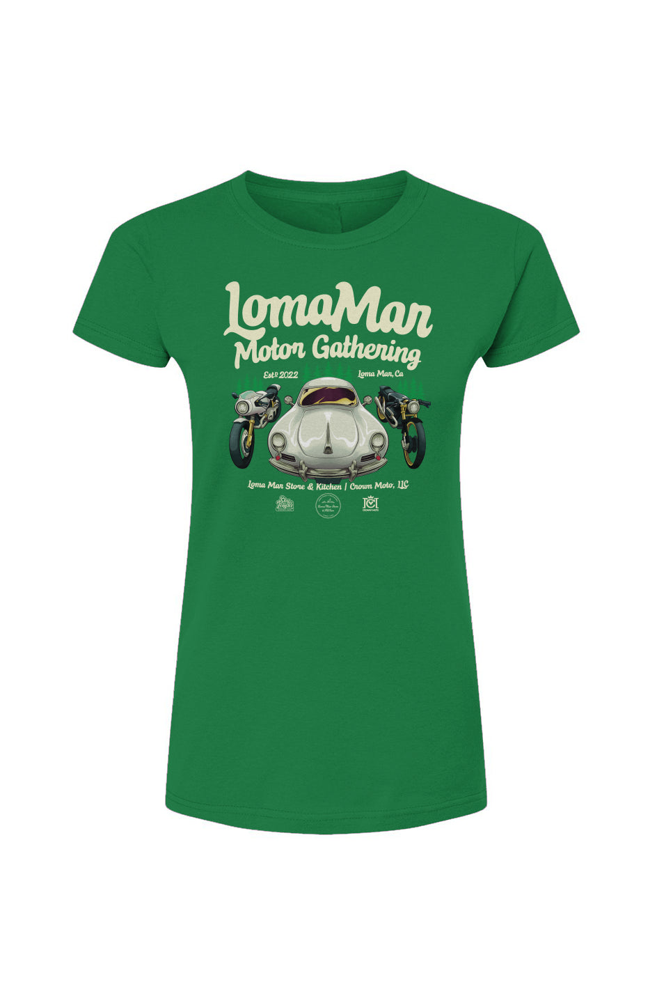 Original "Loma Mar Motor Gathering" poster art on chest of Tultex Womens Fine Jersey T-Shirt