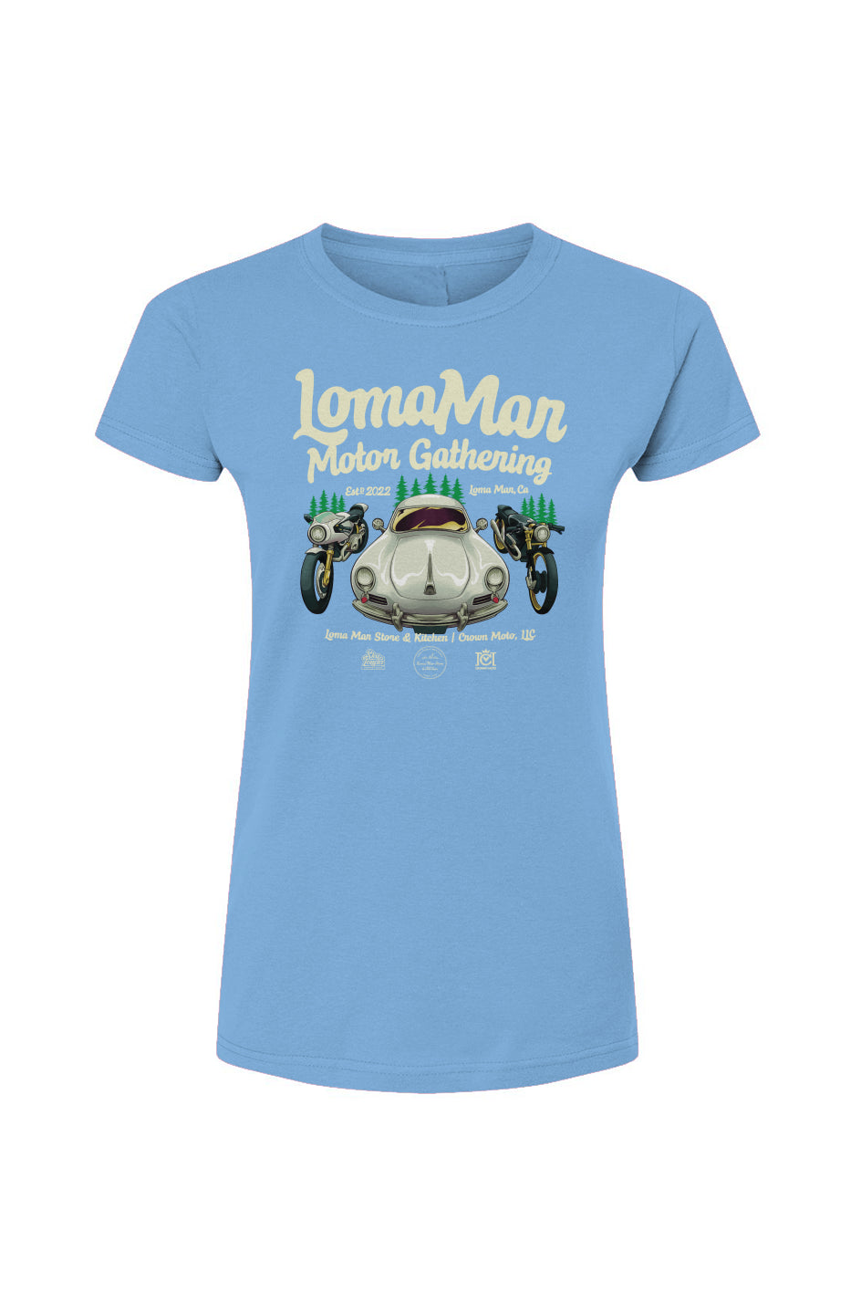 Original "Loma Mar Motor Gathering" poster art on chest of Tultex Womens Fine Jersey T-Shirt