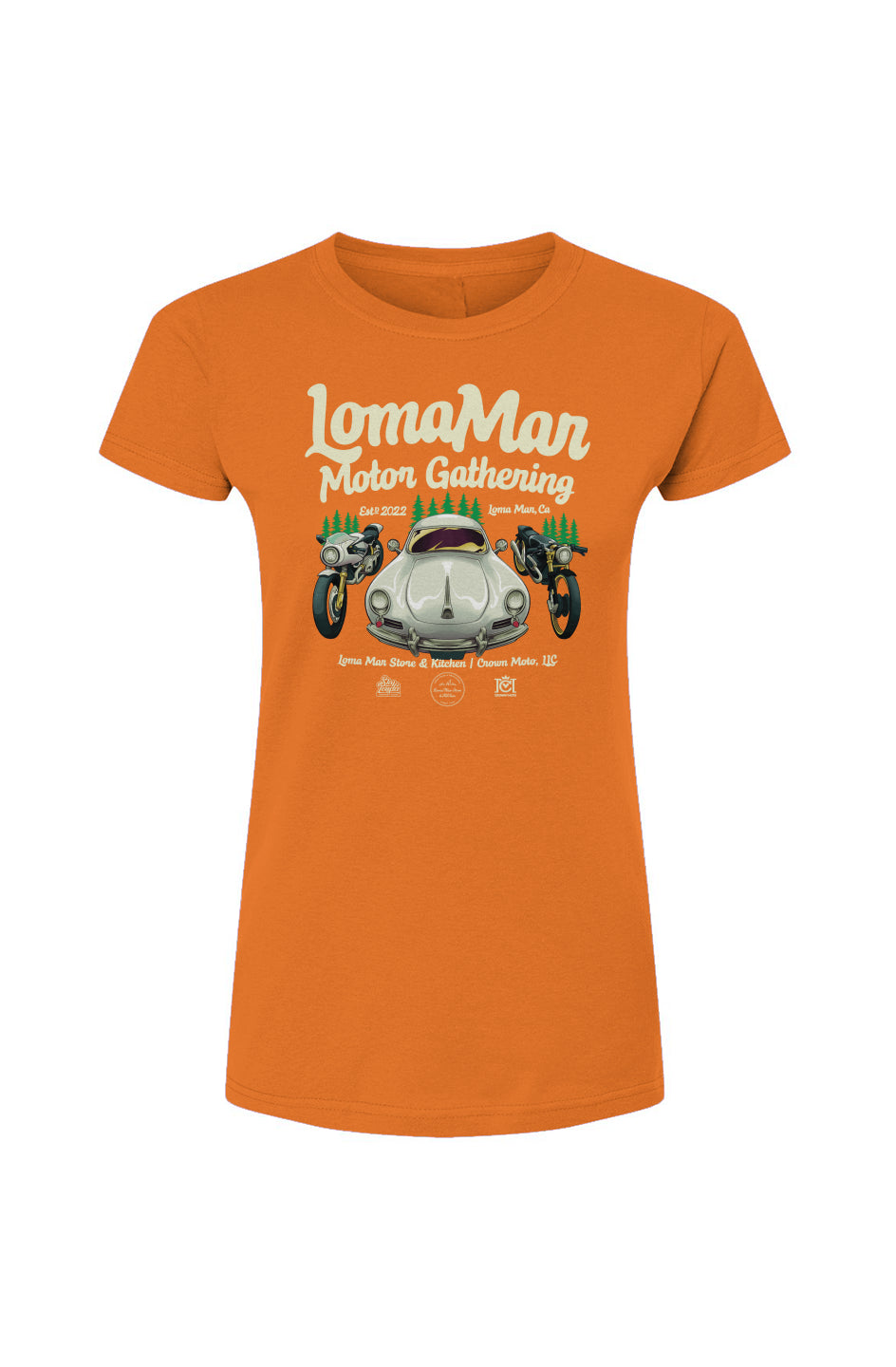 Original "Loma Mar Motor Gathering" poster art on chest of Tultex Womens Fine Jersey T-Shirt