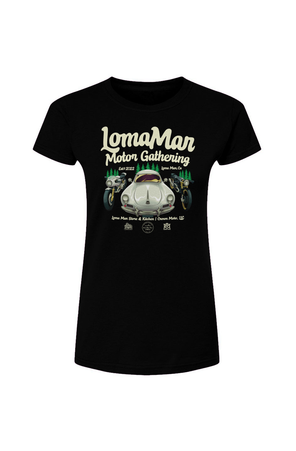 Original "Loma Mar Motor Gathering" poster art on chest of Tultex Womens Fine Jersey T-Shirt