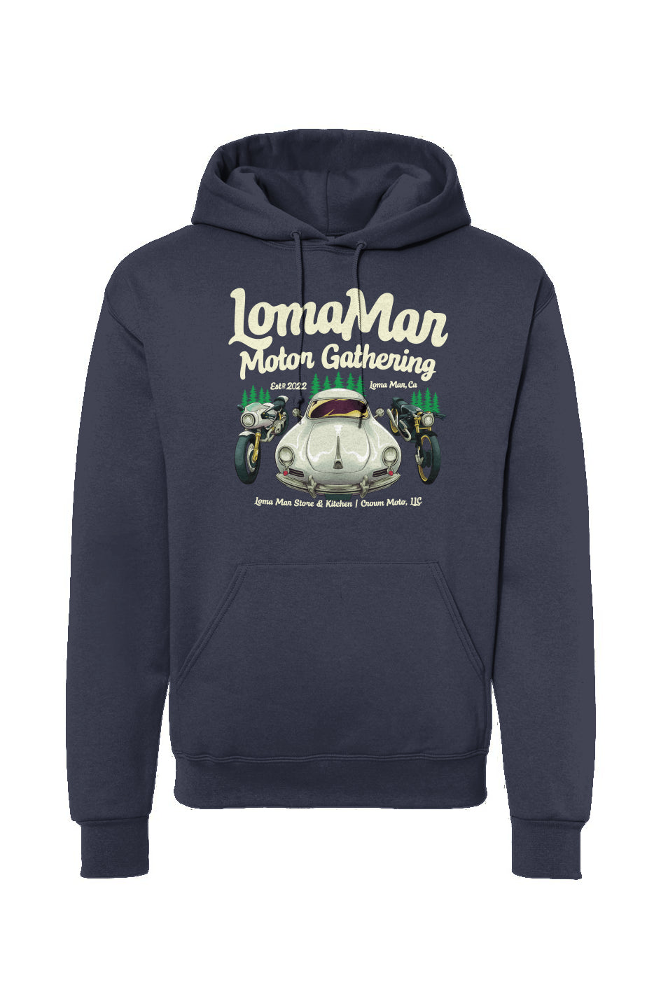 Original "Loma Mar Motor Gathering" poster art on chest of pullover hoodie