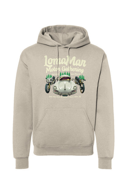 Original "Loma Mar Motor Gathering" poster art on chest of pullover hoodie