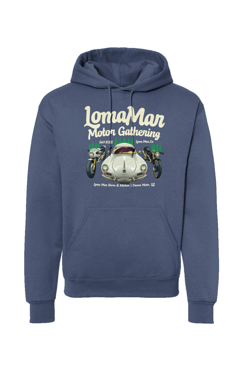 Original "Loma Mar Motor Gathering" poster art on chest of pullover hoodie